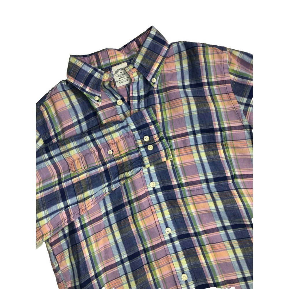 Brooks Brothers Shirt Mens Medium Blue Pink Plaid Checkered Buttoned Regent Polo